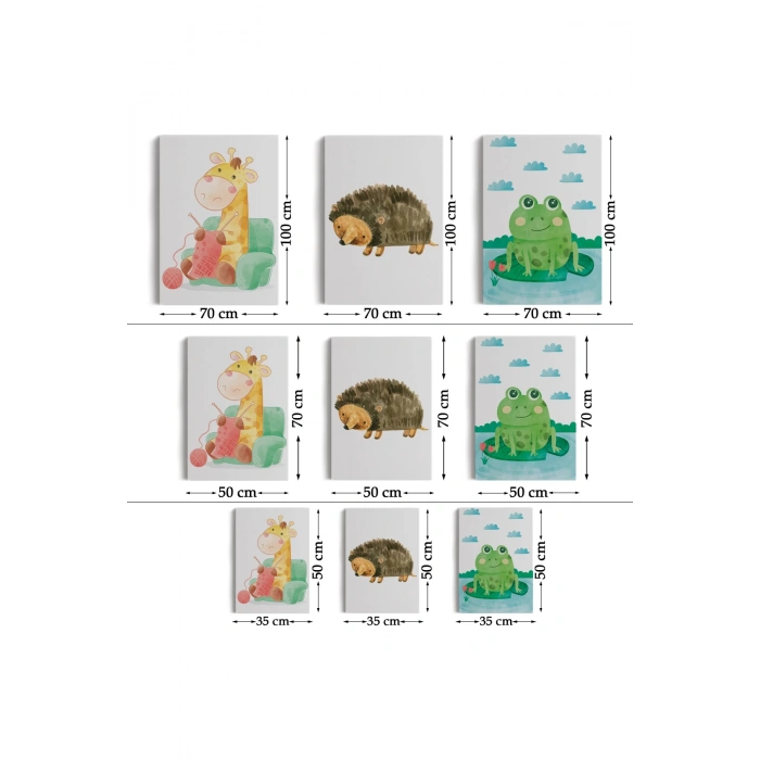 3’lü Tablo Sevimli Hayvanlar Suluboya Görünümlü Dekoratif Tablo Seti-BL-37