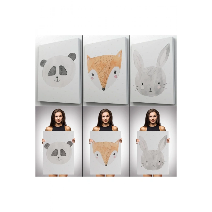 3’lü Tablo Sevimli Hayvanlar Suluboya Görünümlü Dekoratif Tablo Seti-BÜ-47