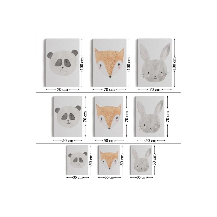 3’lü Tablo Sevimli Hayvanlar Suluboya Görünümlü Dekoratif Tablo Seti-BÜ-47