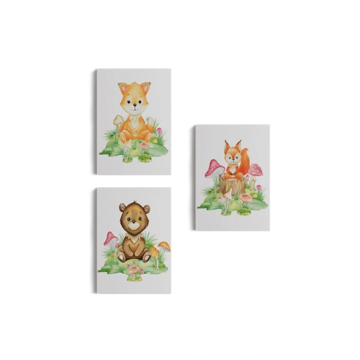 3’lü Tablo Sevimli Hayvanlar Temalı Dekoratif Şık ve Modern Duvar Tablo Seti-BH-33