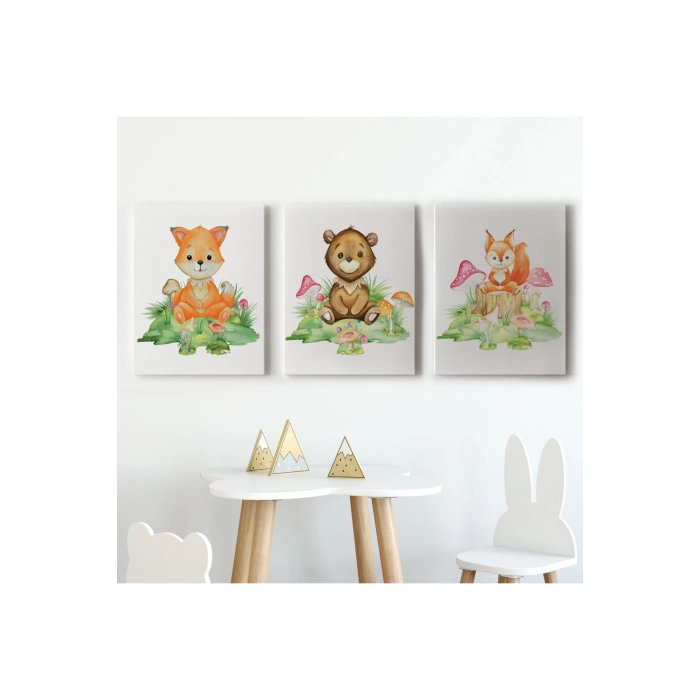 3’lü Tablo Sevimli Hayvanlar Temalı Dekoratif Şık ve Modern Duvar Tablo Seti-BH-33