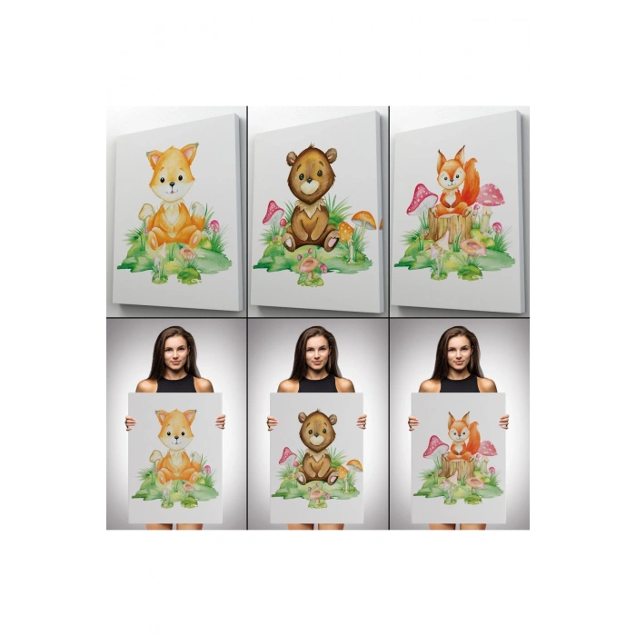 3’lü Tablo Sevimli Hayvanlar Temalı Dekoratif Şık ve Modern Duvar Tablo Seti-BH-33
