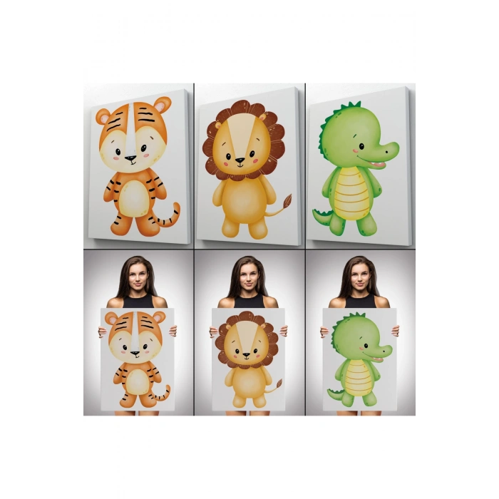 3’lü Tablo Sevimli Hayvanlar Temalı Koleksiyon Dekoratif Duvar Tablo Seti-BJ-35