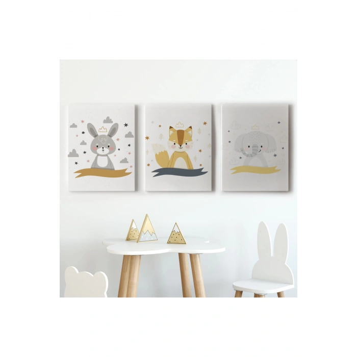 3’lü Tablo Sevimli Hayvanlar Temalı Koleksiyon Dekoratif Duvar Tablo Seti-BR-42