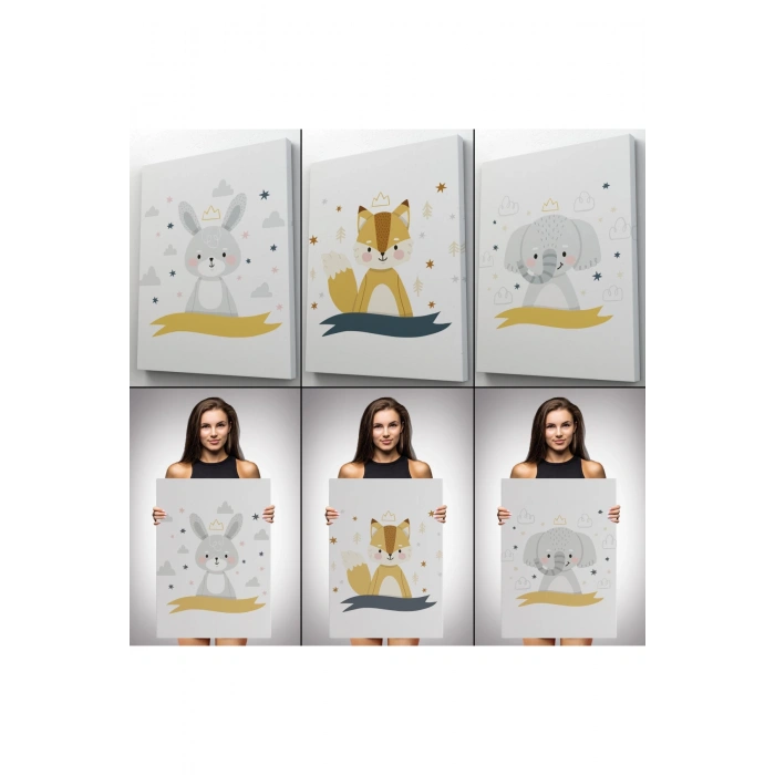 3’lü Tablo Sevimli Hayvanlar Temalı Koleksiyon Dekoratif Duvar Tablo Seti-BR-42