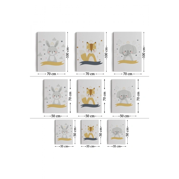 3’lü Tablo Sevimli Hayvanlar Temalı Koleksiyon Dekoratif Duvar Tablo Seti-BR-42