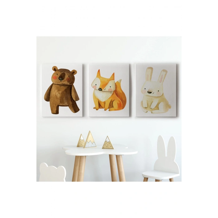 3’lü Tablo Sevimli Hayvanlar Temalı Koleksiyon Dekoratif Duvar Tablo Seti-BS-43