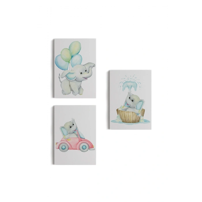 3’lü Tablo Sevimli Küçük Fil Temalı Dekoratif Duvar Tablo Seti-BK-36