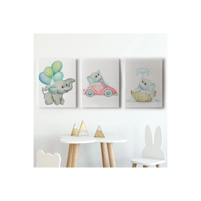 3’lü Tablo Sevimli Küçük Fil Temalı Dekoratif Duvar Tablo Seti-BK-36