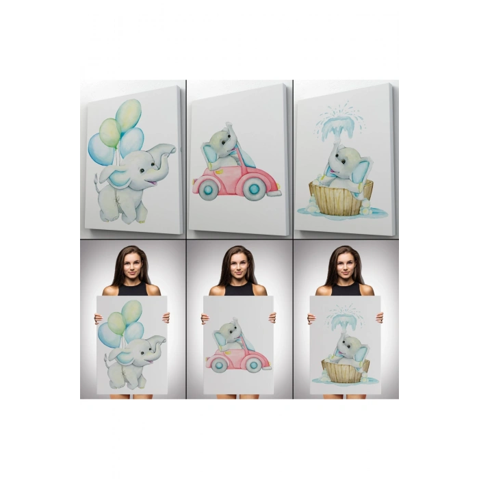 3’lü Tablo Sevimli Küçük Fil Temalı Dekoratif Duvar Tablo Seti-BK-36