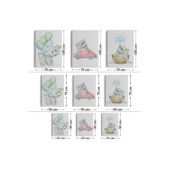 3’lü Tablo Sevimli Küçük Fil Temalı Dekoratif Duvar Tablo Seti-BK-36