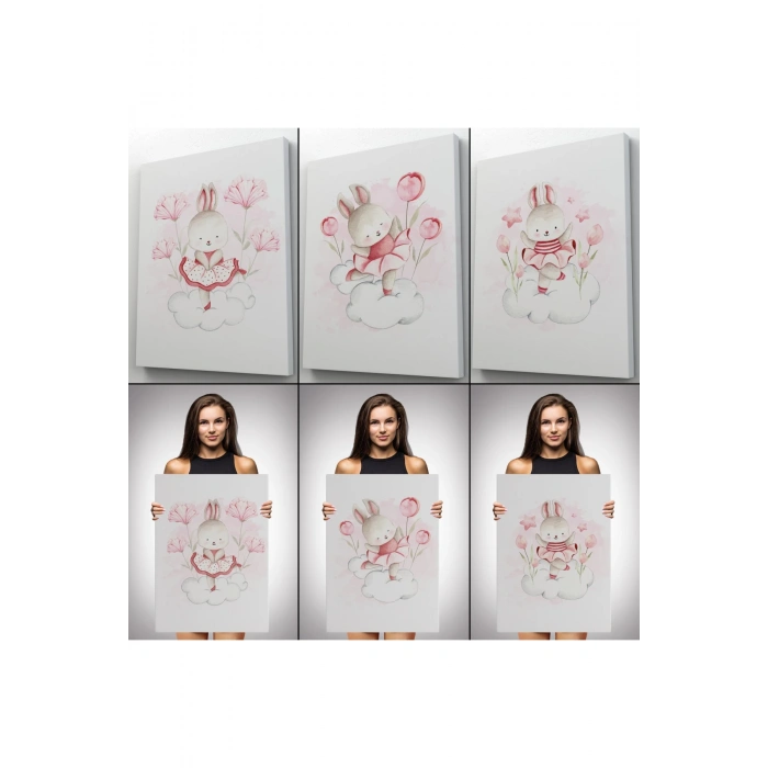 3’lü Tablo Sevimli Tavşan Dekoratif Duvar Tablo Seti-BŞ-44