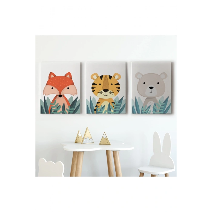 3’lü Tablo Sevimli Üç Hayvan Koleksiyonu Dekoratif Duvar Tablo Seti-BO-39