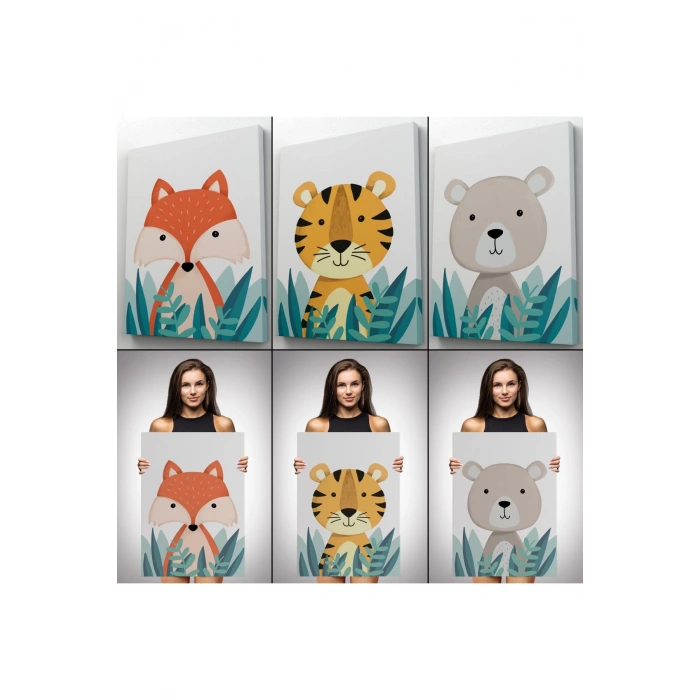 3’lü Tablo Sevimli Üç Hayvan Koleksiyonu Dekoratif Duvar Tablo Seti-BO-39