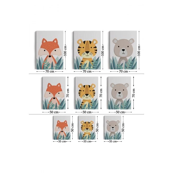 3’lü Tablo Sevimli Üç Hayvan Koleksiyonu Dekoratif Duvar Tablo Seti-BO-39