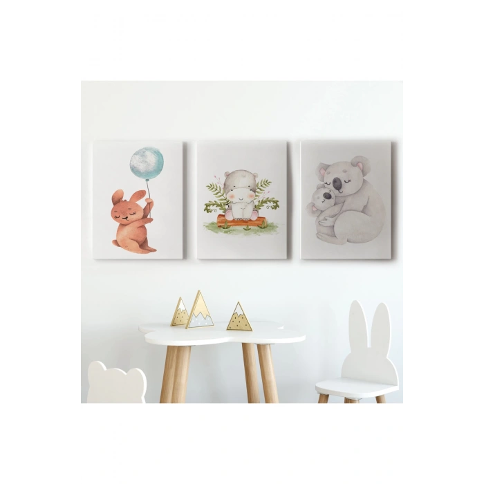 3’lü Tablo Sevimli Üç Hayvan Koleksiyonu Dekoratif Duvar Tablo Seti-BT-45