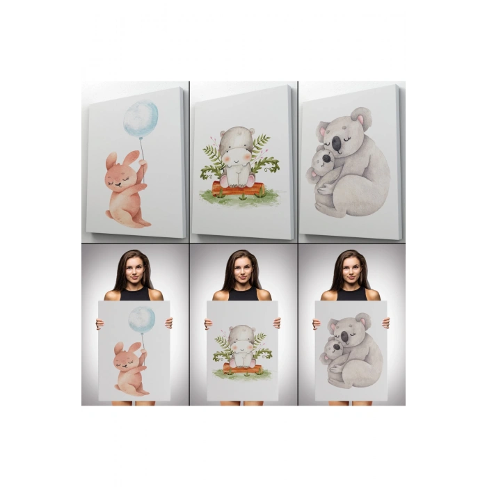 3’lü Tablo Sevimli Üç Hayvan Koleksiyonu Dekoratif Duvar Tablo Seti-BT-45