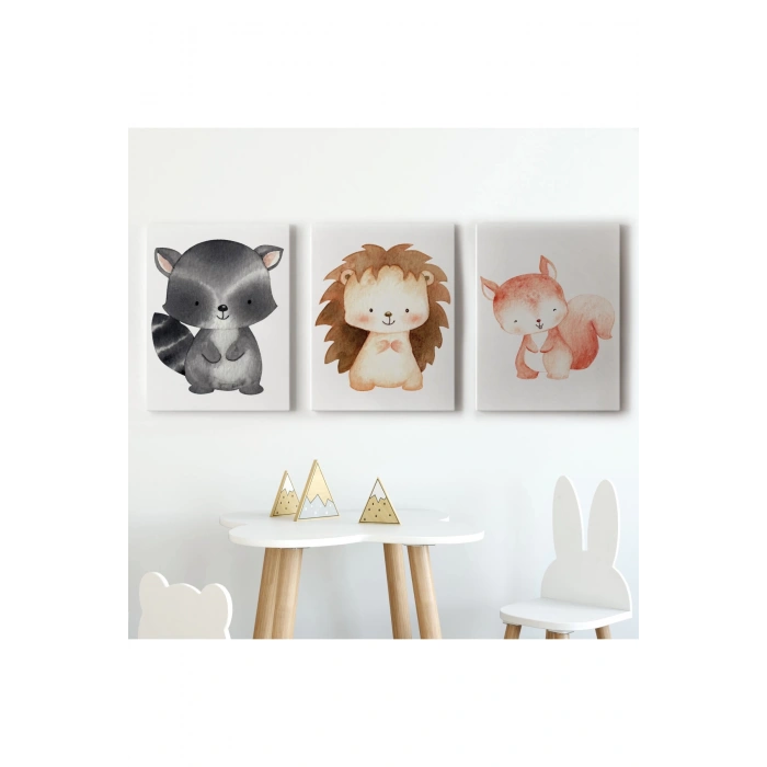 3’lü Tablo Sevimli Üç Hayvan Koleksiyonu Dekoratif Duvar Tablo Seti-CD-54