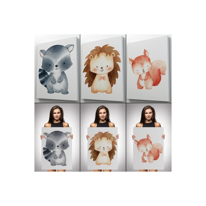 3’lü Tablo Sevimli Üç Hayvan Koleksiyonu Dekoratif Duvar Tablo Seti-CD-54