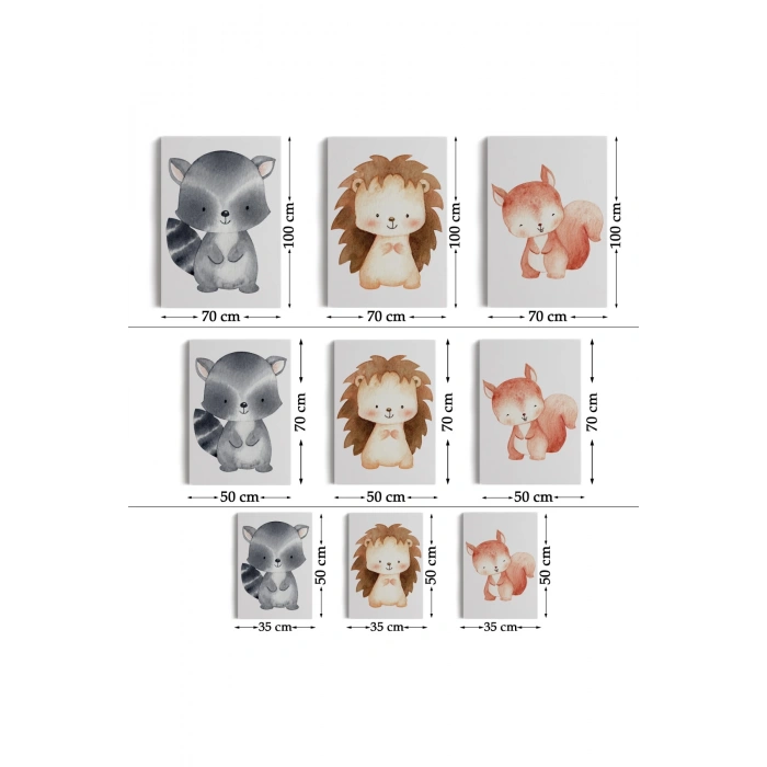 3’lü Tablo Sevimli Üç Hayvan Koleksiyonu Dekoratif Duvar Tablo Seti-CD-54