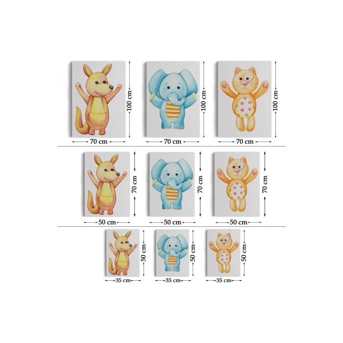 3’lü Tablo Şirin Hayvanlar Temalı Dekoratif Duvar Tablo Seti-CA-51