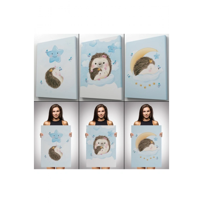 3’lü Tablo Şirin Kirpi Temalı Dekoratif Duvar Tablo Seti-BI-34