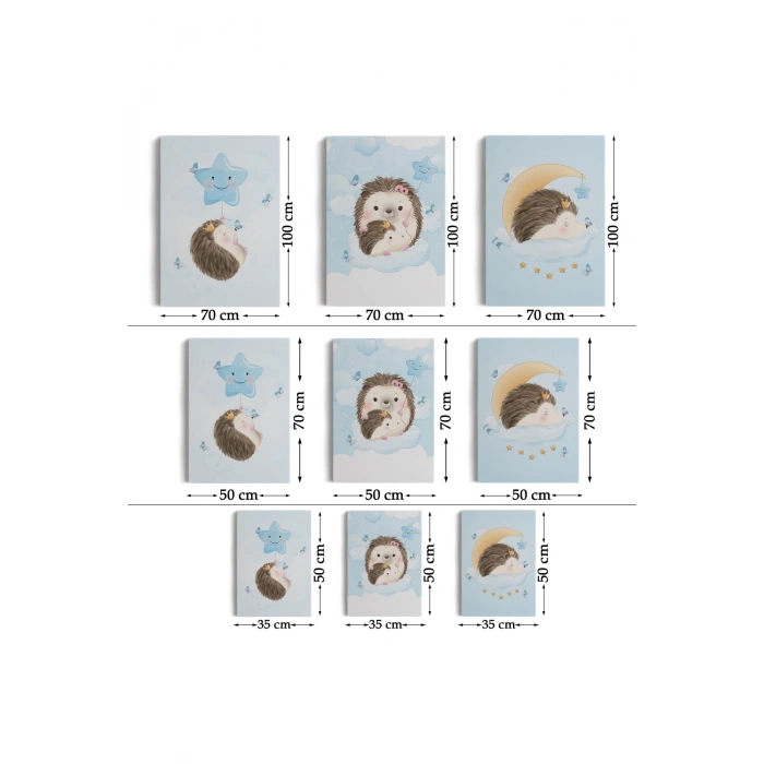 3’lü Tablo Şirin Kirpi Temalı Dekoratif Duvar Tablo Seti-BI-34