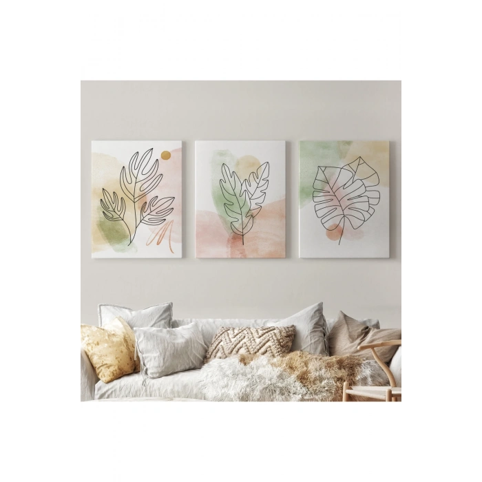 3’lü Tablo Suluboya Bitki Şekilleri Dekoratif Şık ve Modern Duvar Tablo Seti-BD-29