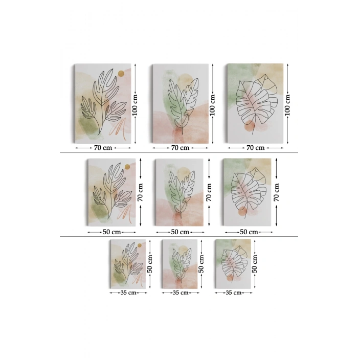 3’lü Tablo Suluboya Bitki Şekilleri Dekoratif Şık ve Modern Duvar Tablo Seti-BD-29
