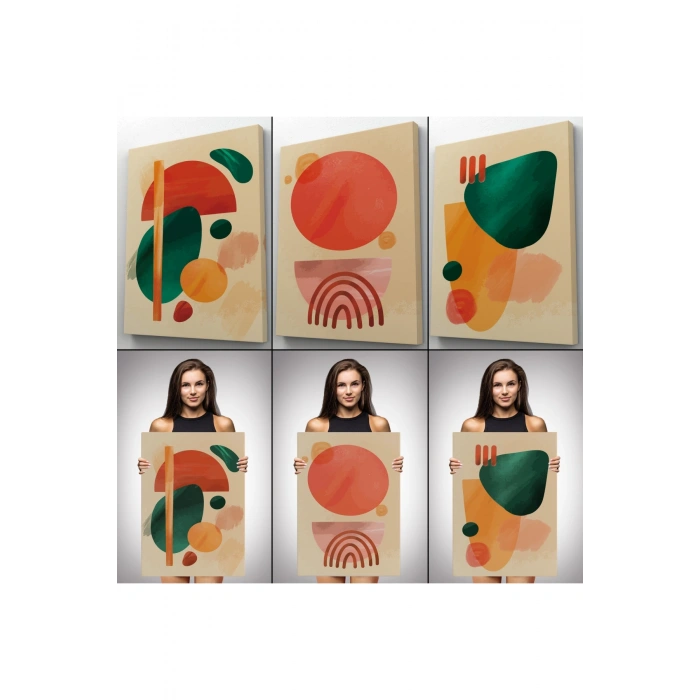3’lü Tablo Suluboya Şekilleri Soyut Sanat Dekoratif Duvar Tablo Seti-BB-27