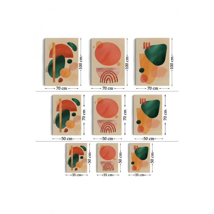 3’lü Tablo Suluboya Şekilleri Soyut Sanat Dekoratif Duvar Tablo Seti-BB-27
