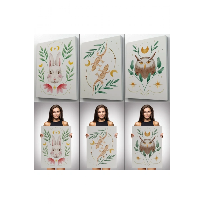 3’lü Tablo Vahşi Hayvanlar Temalı Dekoratif Duvar Tablo Seti-BN-38