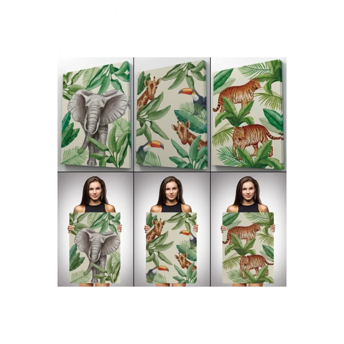 3’lü Tablo Vahşi Hayvanlar Temalı Koleksiyon Dekoratif Duvar Tablo Seti-AV-23