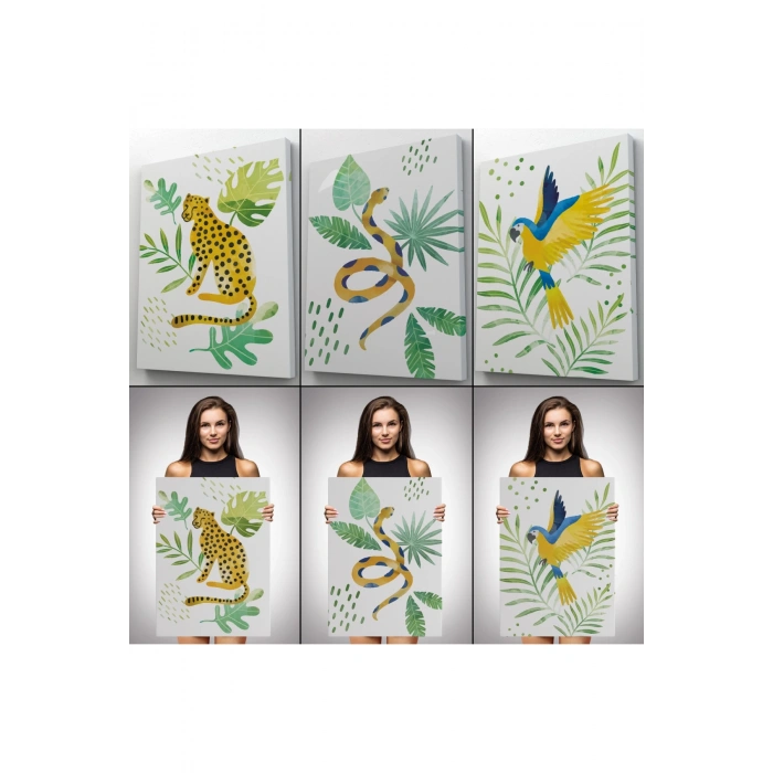 3’lü Tablo Vahşi Hayvanlar Temalı Koleksiyon Dekoratif Şık ve Modern Duvar Tablo Seti-AY-24