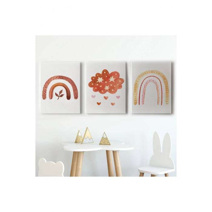 3’lü Tablo Yaz Temalı Suluboya Şekilleri Dekoratif Duvar Tablo Seti-BV-48