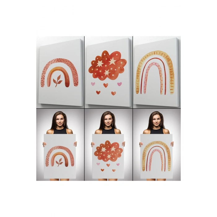 3’lü Tablo Yaz Temalı Suluboya Şekilleri Dekoratif Duvar Tablo Seti-BV-48