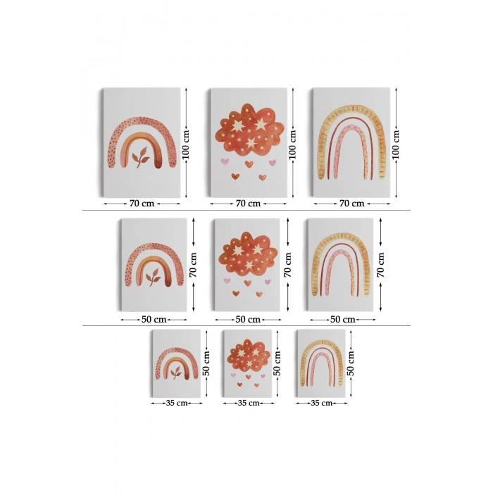 3’lü Tablo Yaz Temalı Suluboya Şekilleri Dekoratif Duvar Tablo Seti-BV-48