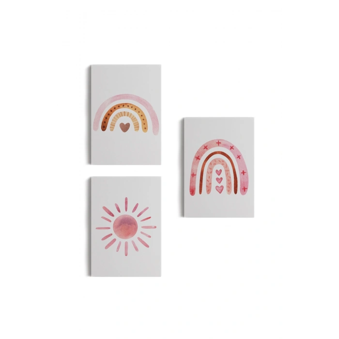 3’lü Tablo Yaz Temalı Suluboya Şekilleri Dekoratif Duvar Tablo Seti-BY-49