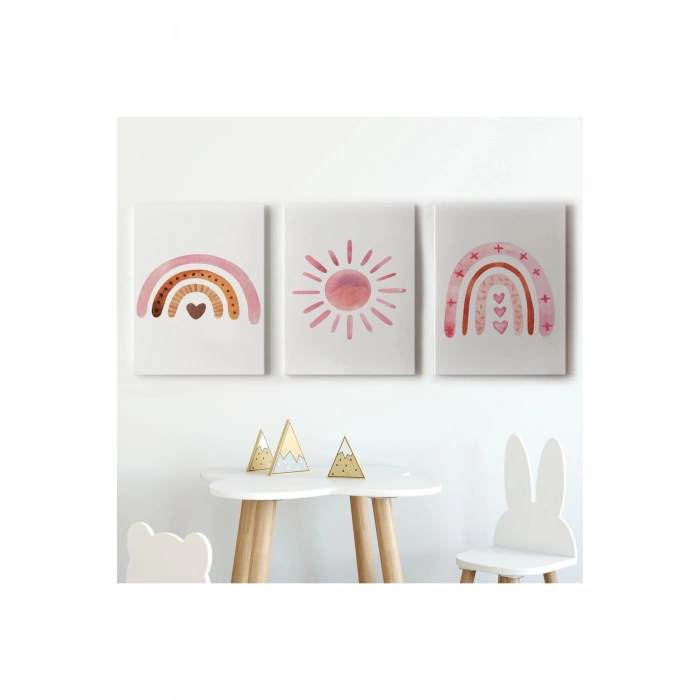 3’lü Tablo Yaz Temalı Suluboya Şekilleri Dekoratif Duvar Tablo Seti-BY-49