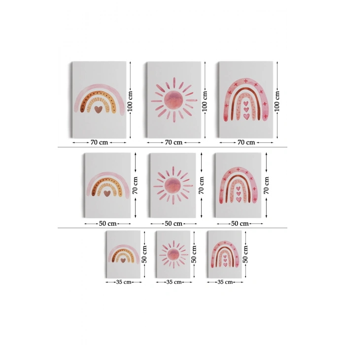 3’lü Tablo Yaz Temalı Suluboya Şekilleri Dekoratif Duvar Tablo Seti-BY-49