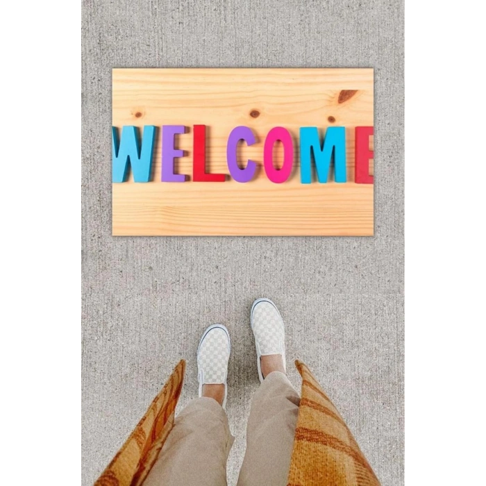 Dijital Baskı Dekoratif Welcome Ahşap Kapı Önü Paspası K-1247