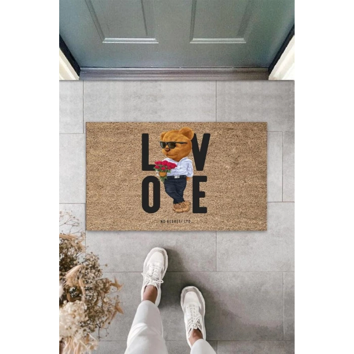 Bej Kapı Önü Paspası Kırmızı Güller Ayıcık Desen K-3338