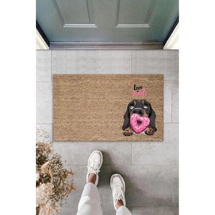 Dijital Baskı Kahverengi Love Sweet Pembe Uzun Kulaklı Köpek Dekoratif Kapı Paspası K-2056