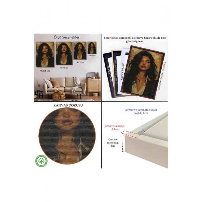 Ahşap Çerçeveli Ela Gözlü Güzel Kadın Tablosu-7798