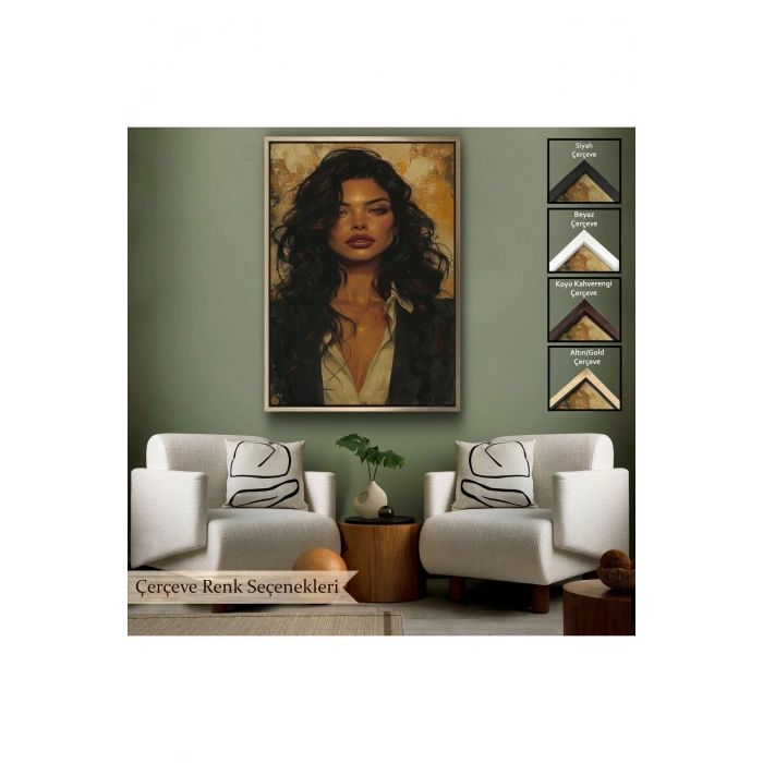 Ahşap Çerçeveli Ela Gözlü Güzel Kadın Tablosu-7798