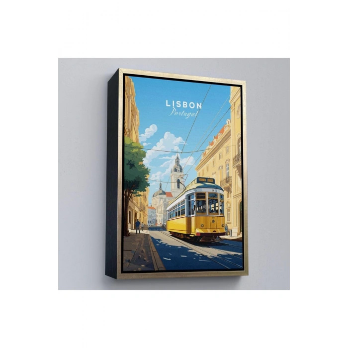 Ahşap Çerçeveli Portekiz Lizbon Sarı Tramvay Tablosu-7972