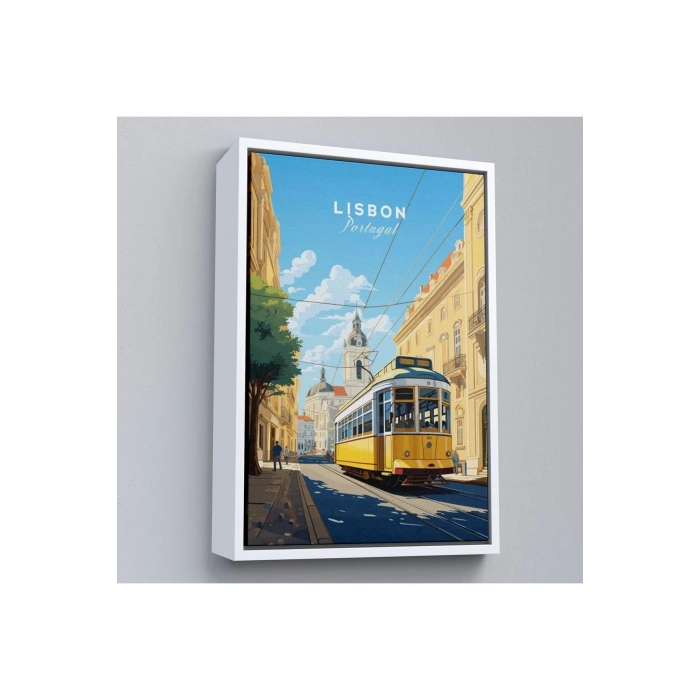 Ahşap Çerçeveli Portekiz Lizbon Sarı Tramvay Tablosu-7972