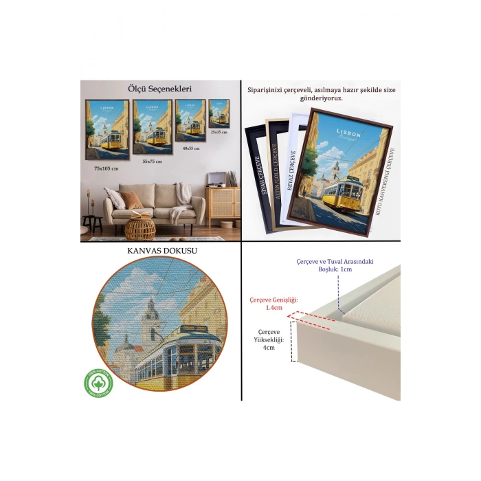 Ahşap Çerçeveli Portekiz Lizbon Sarı Tramvay Tablosu-7972