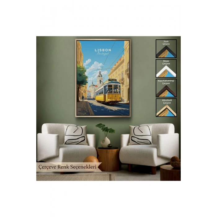 Ahşap Çerçeveli Portekiz Lizbon Sarı Tramvay Tablosu-7972