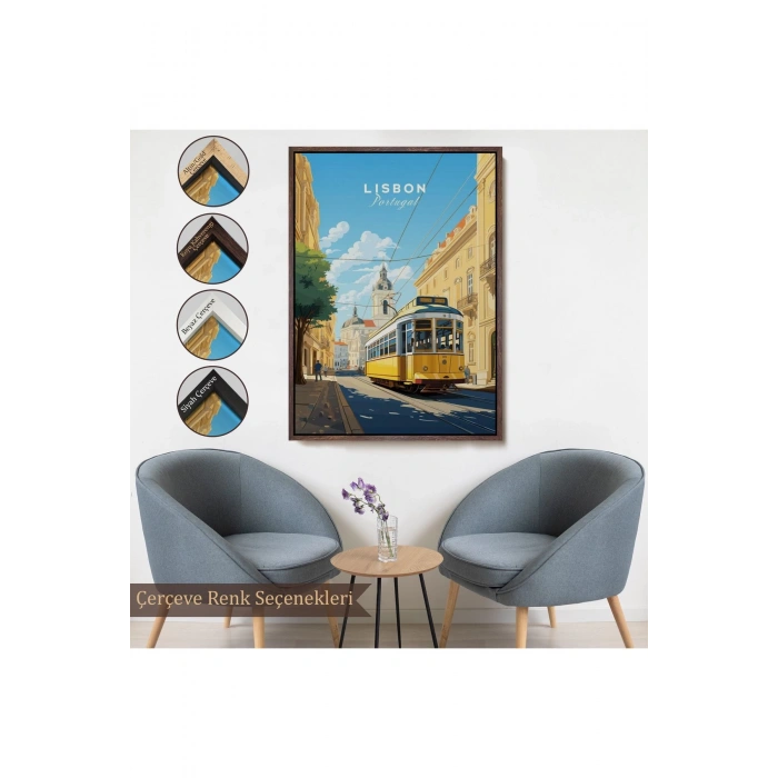 Ahşap Çerçeveli Portekiz Lizbon Sarı Tramvay Tablosu-7972